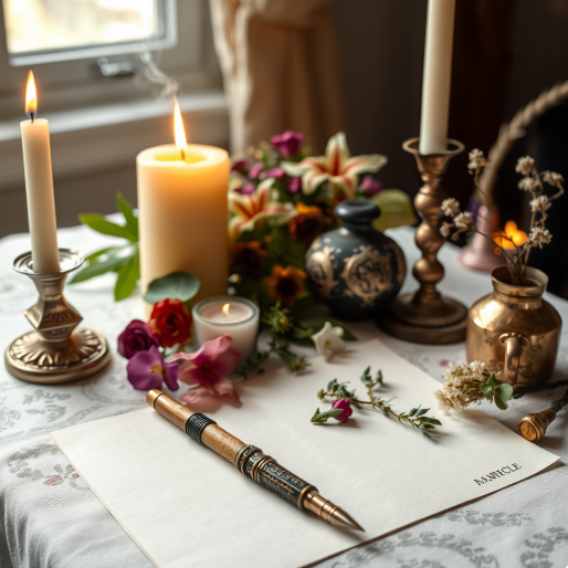 An elegant table setting with lit candles, flowers, and a pen on a blank sheet of paper.