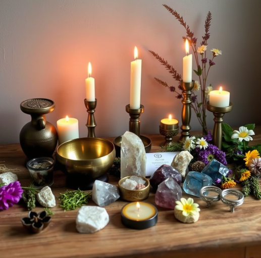 An arrangement of lit candles, crystals, flowers, and decorative objects on a wooden surface.