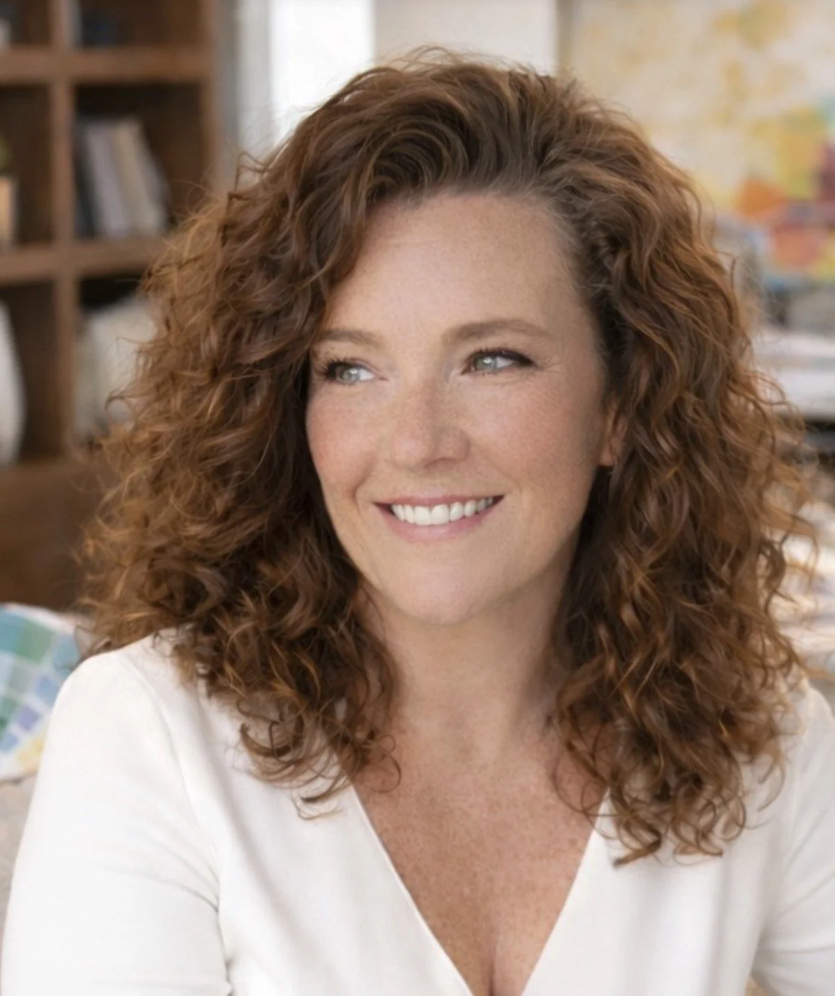 A woman with curly red hair smiling while sitting indoors, with bookshelves and a colorful map in the background.