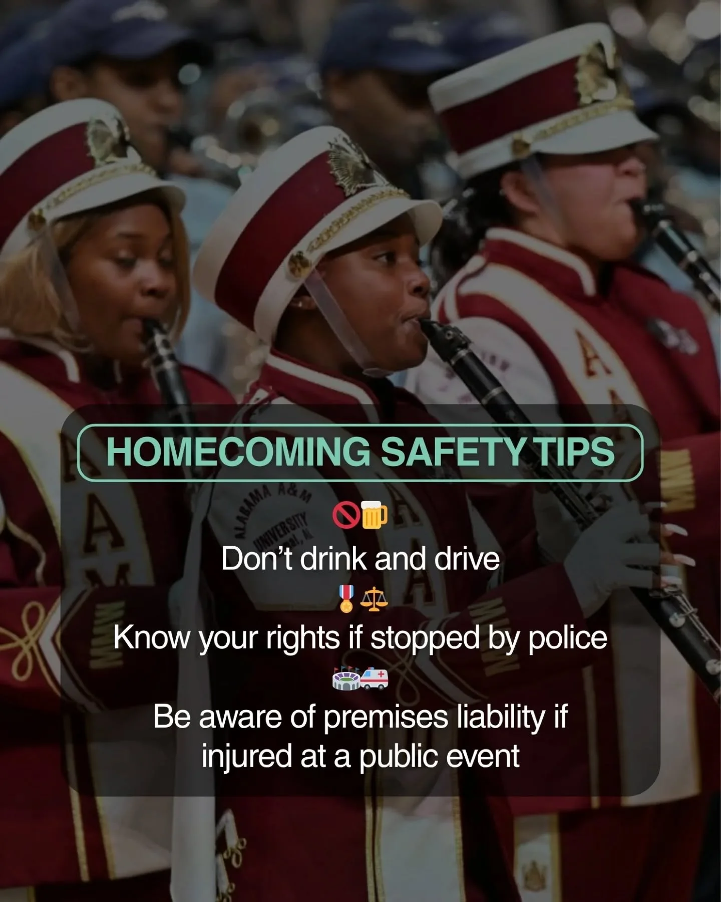 Atlanta Homecoming season is here!

Big crowds, big celebrations, and sometimes big risks. 

Remember: Don&rsquo;t drink and drive. Know your rights if stopped by police. Be aware of premises liability if injured at a public event.

Enjoy the weekend