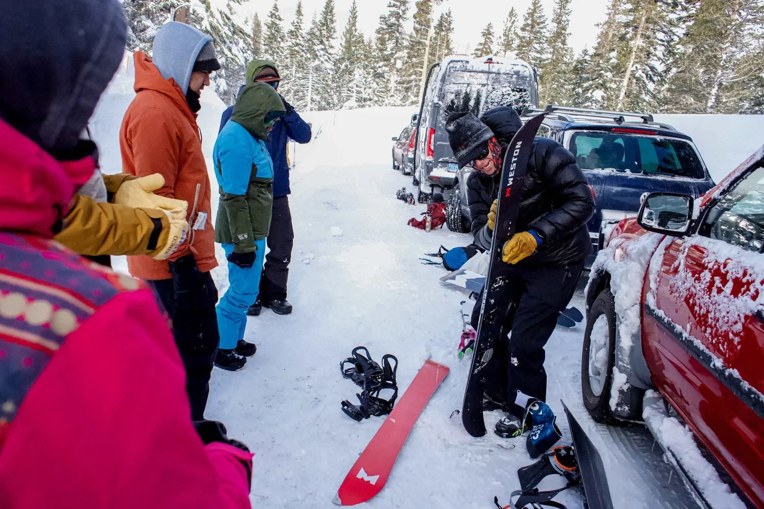 Backcountry splitboarding training on scenic slopes near Mammoth Lakes