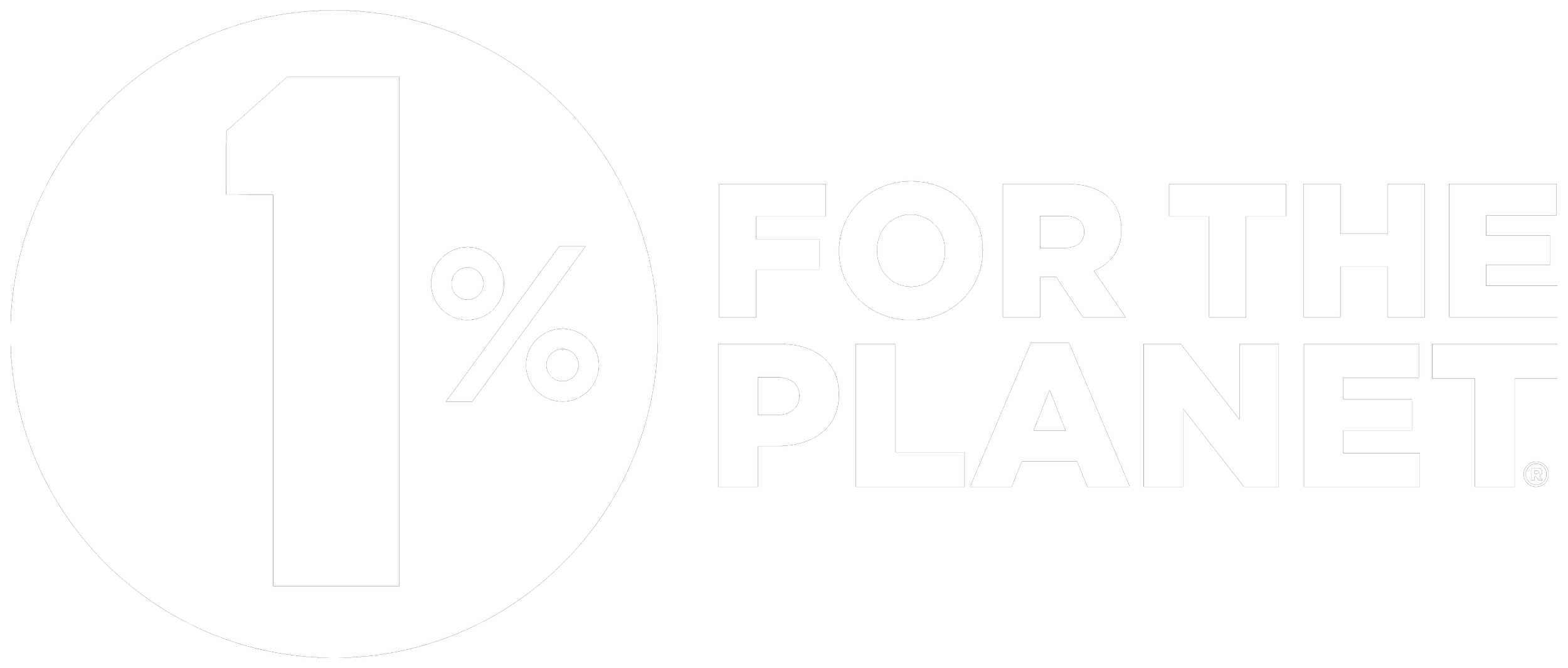 Logo for 1% for the Planet featuring a large black number one inside a white circle with a black outline, followed by the text 'FOR THE PLANET' in bold white letters.