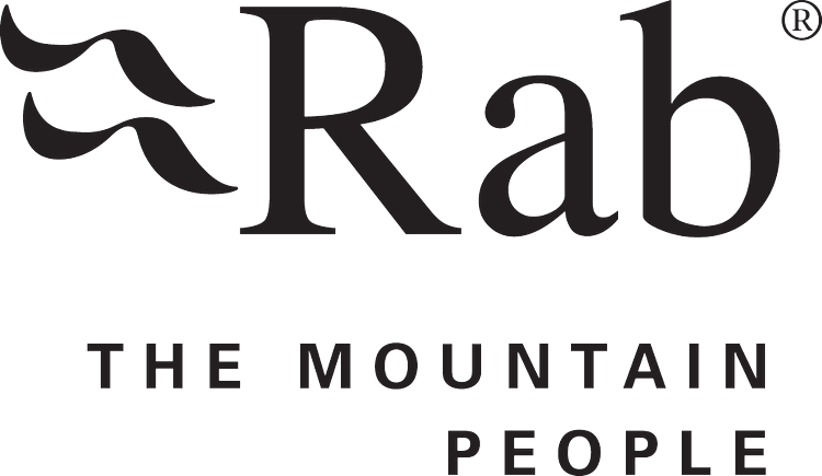 Logo for 'Rab: The Mountain People' featuring stylized mountain and flame design