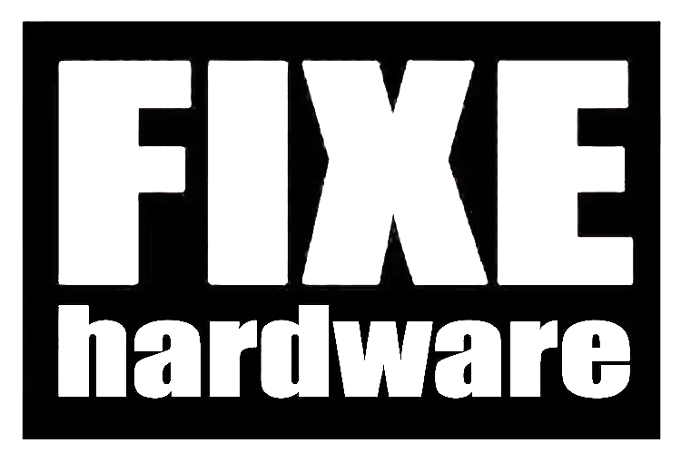 Logo for FIXE hardware with the word 'FIXE' in large white letters and 'hardware' below in smaller white letters on a black background.