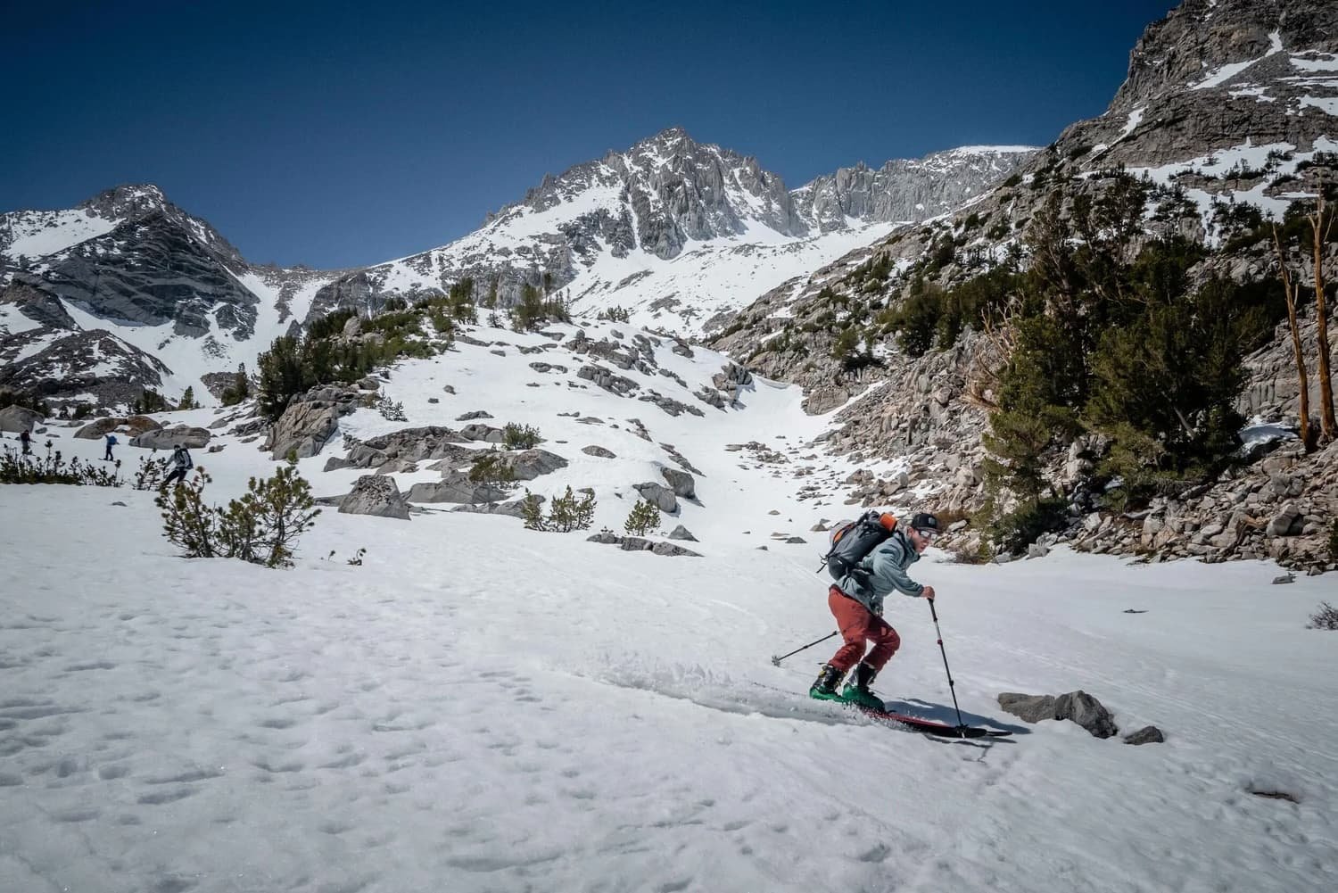 Splitboarding lines in the rugged terrain of the Eastern Sierra