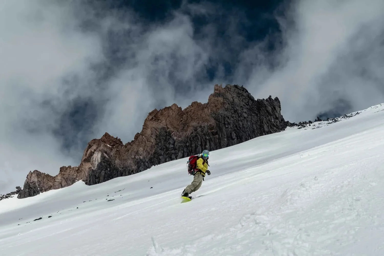 Splitboarding lines in the rugged terrain of Mount Shasta