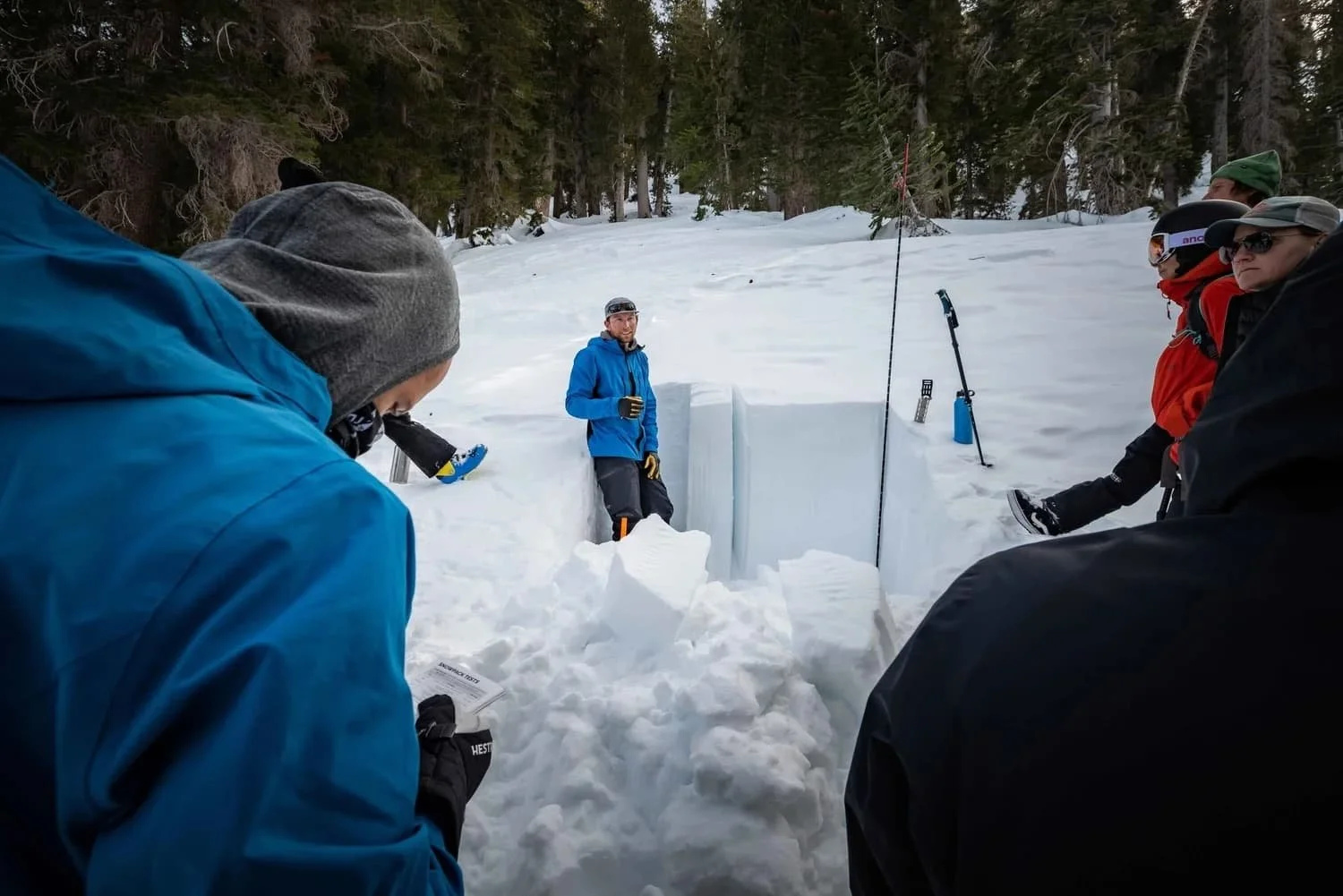 Certified avalanche instructors leading an AIARE course in Mammoth Lakes