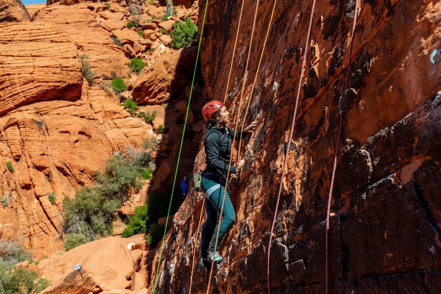 Family rock climbing adventure in Red Rock Canyon with professional guides