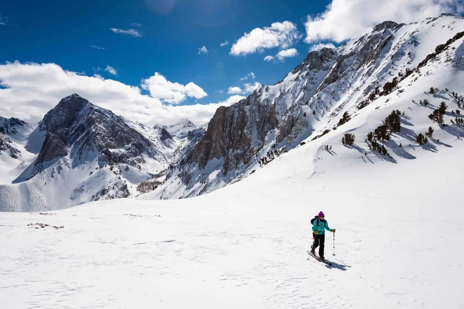 Backcountry skiing and splitboarding on high-elevation terrain in the Eastern Sierra