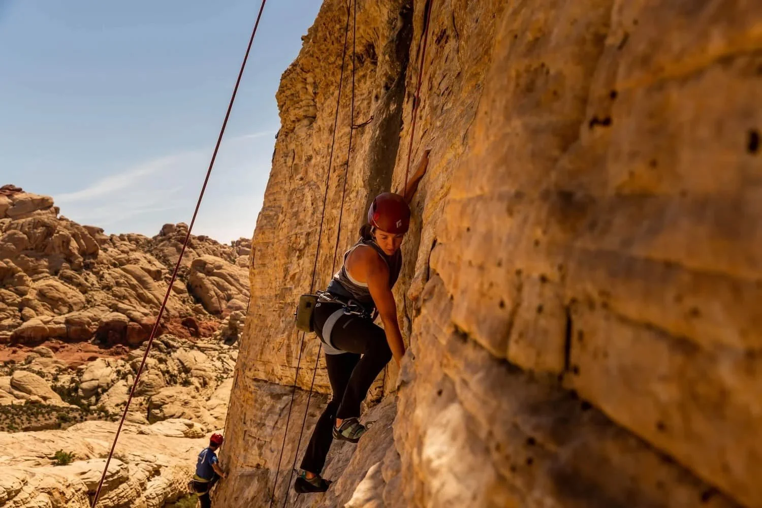 Rock climbing adventure in the dramatic canyon landscape of Red Rock Canyon