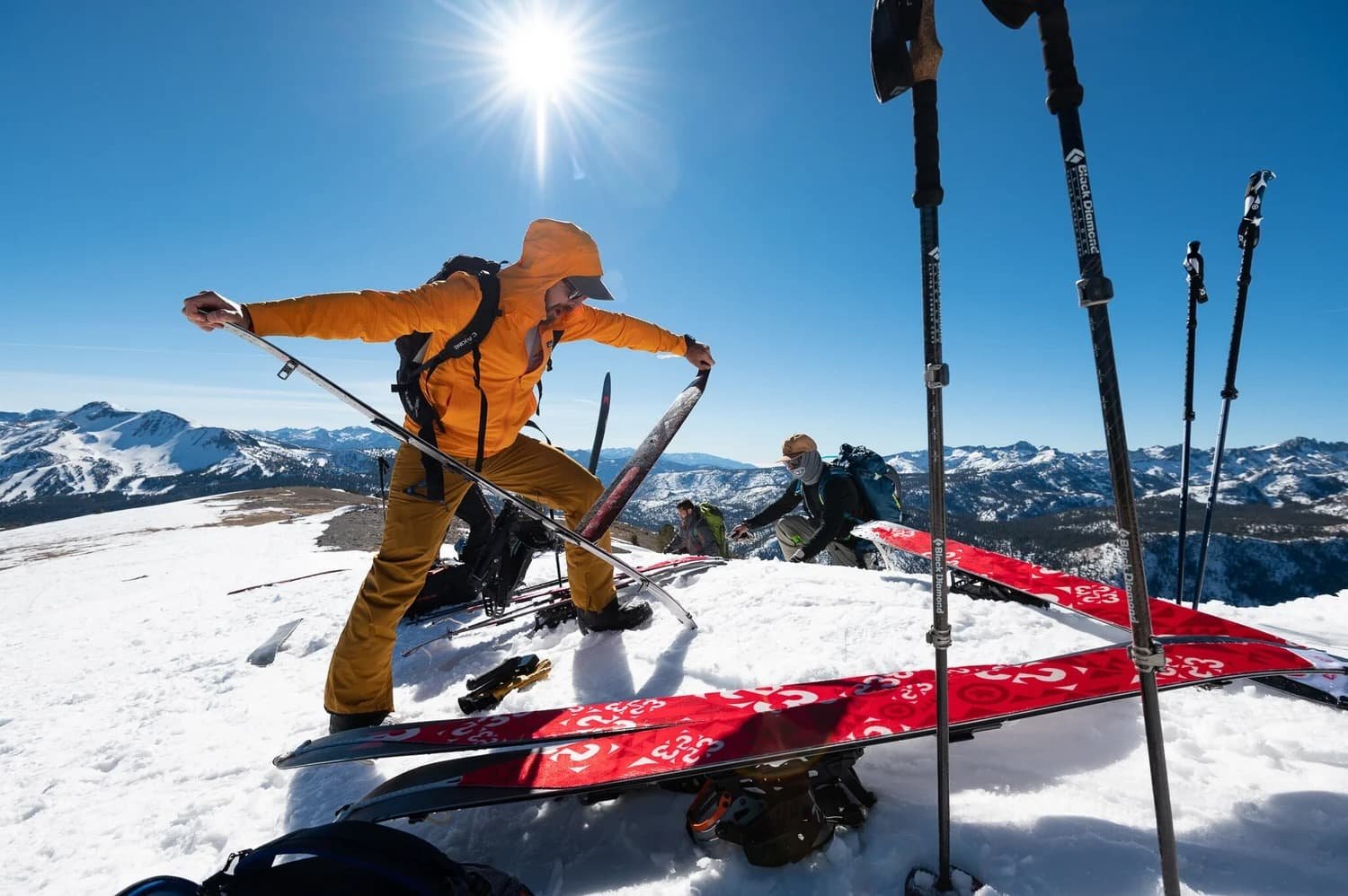 Group backcountry ski touring in the Eastern Sierra Mountains
