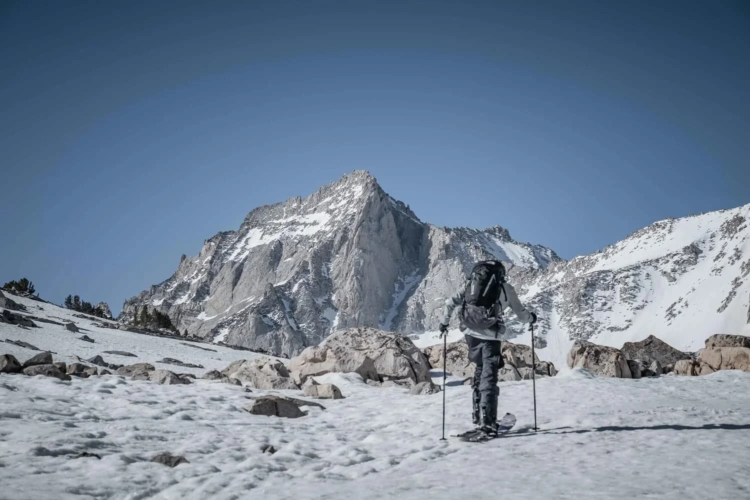 Scenic alpine descent during a guided ski and splitboard tour in the Eastern Sierra