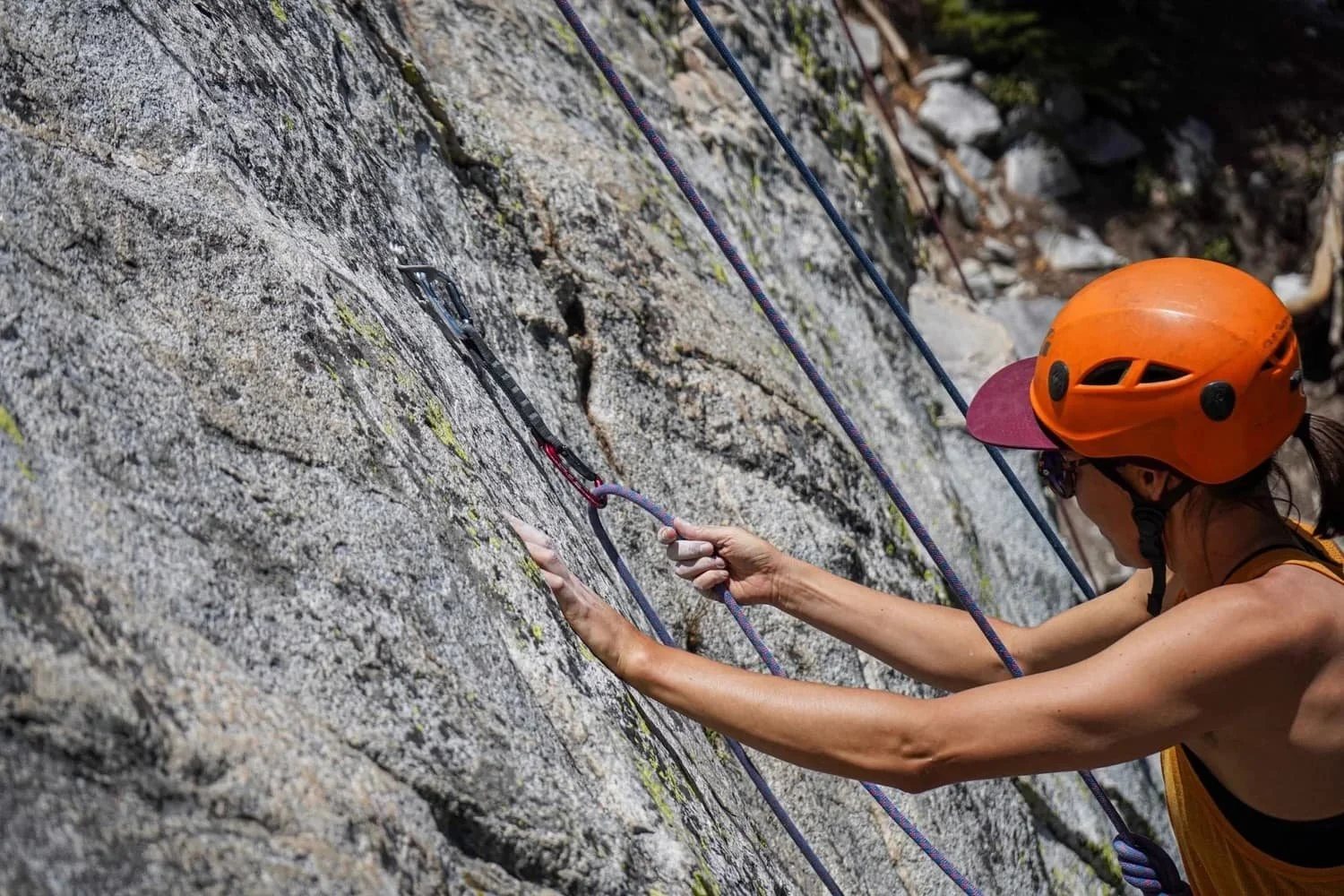 Rock climbing lesson on classic Eastern Sierra rock near Mammoth Lakes