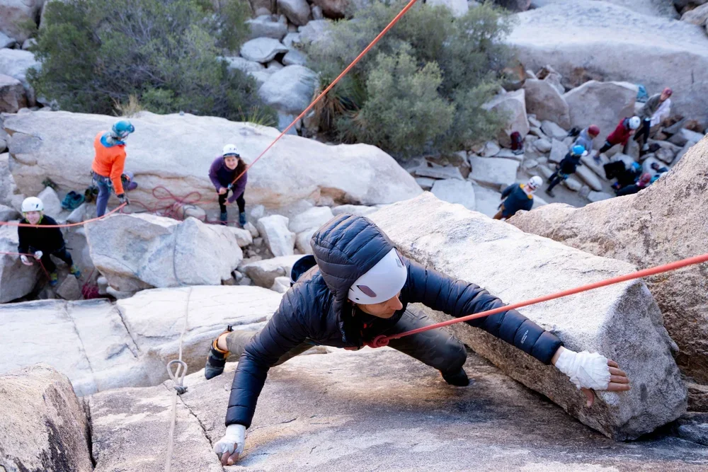 Instructional rock climbing session in Joshua Tree National Park
