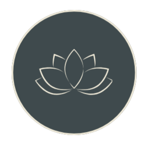 Minimalist white lotus flower outline on dark circular background.