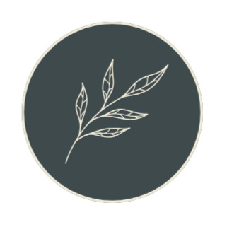 A minimalist line drawing of a small branch with leaves inside a dark circular background.