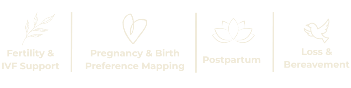 Icons and text for fertility and IVF support, pregnancy and birth preference mapping, postpartum, and loss and bereavement.