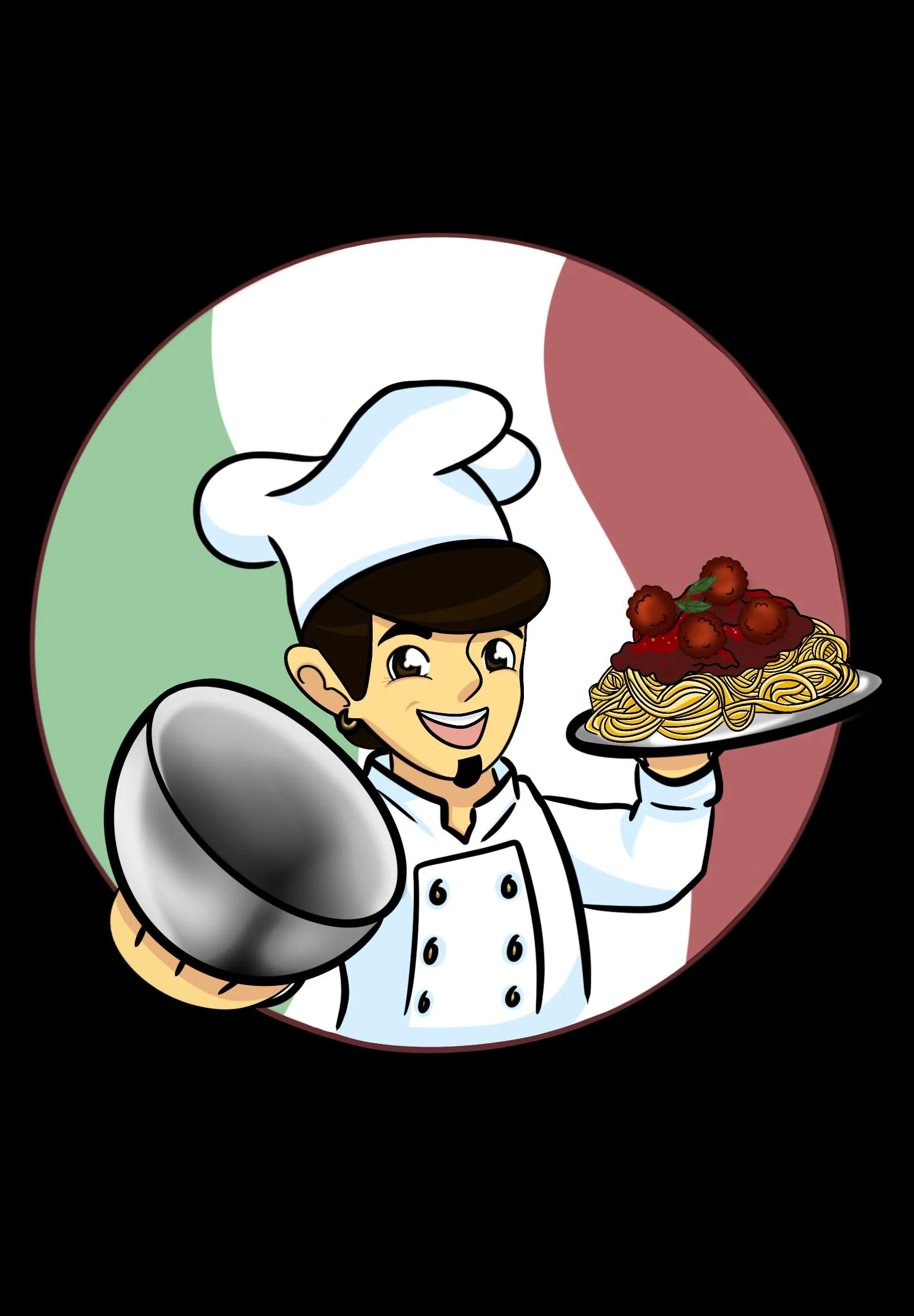 Cartoon chef holding a plate of spaghetti with meatballs, with an Italian flag background.