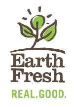Logo of Earth Fresh featuring a green sprouting plant with leaves and a light bulb as the plant's blossom, with the text 'Earth Fresh' and the tagline 'REAL.GOOD'.