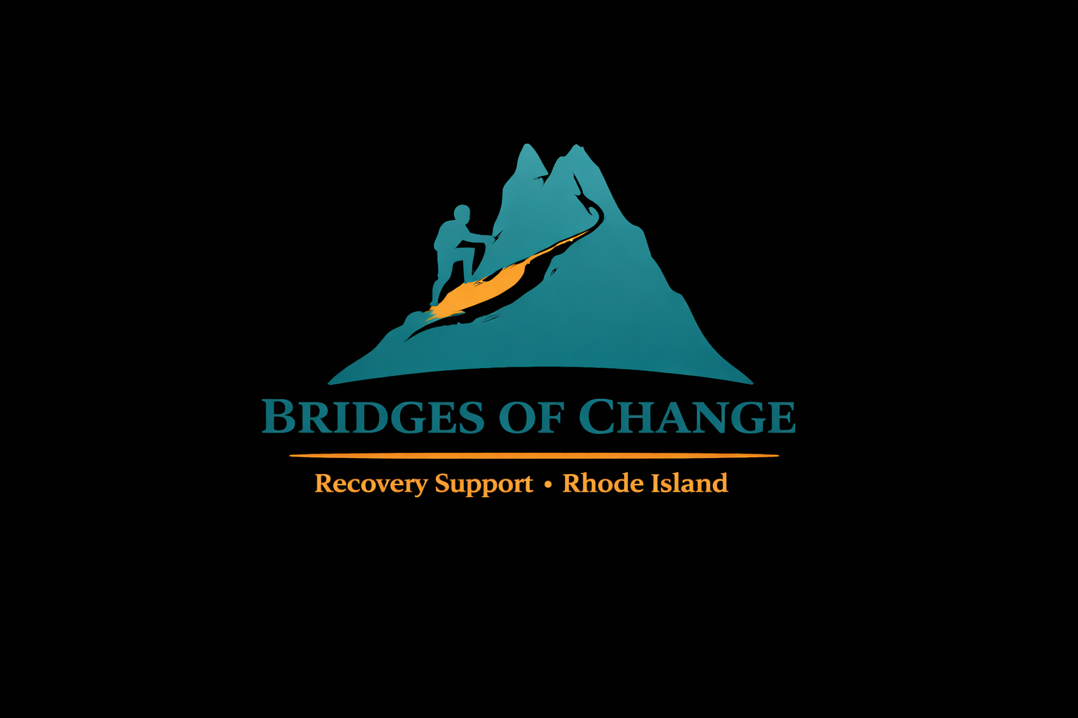 Logo for Bridges of Change, a recovery support organization in Rhode Island, featuring a mountain with a climber and a bridge, with text in blue and orange.
