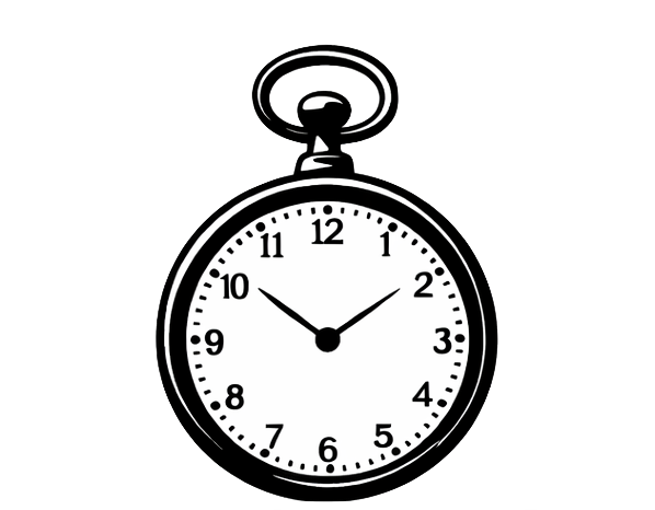 A black and white image of a pocket watch showing the time as 10:09.