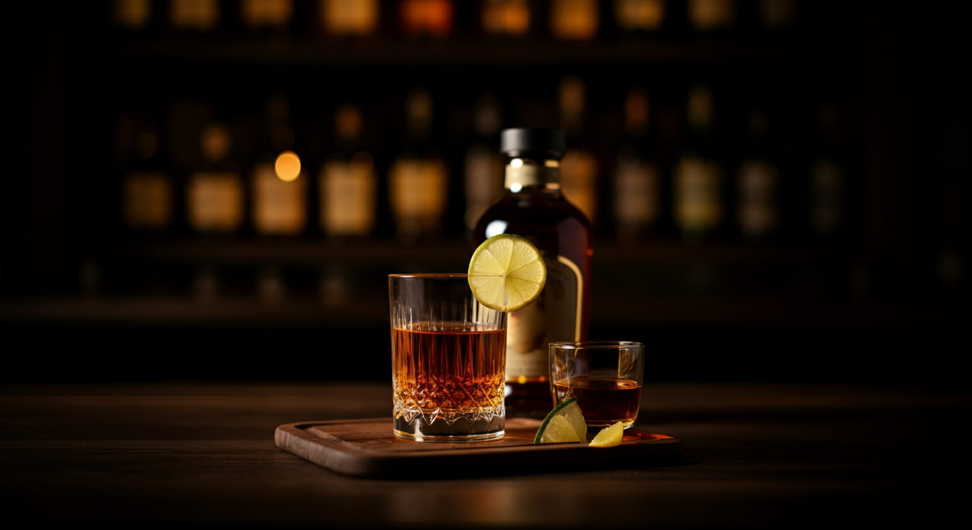 A glass of whiskey with a lemon slice on the rim, a small glass of whiskey with lime wedge, and a whiskey bottle on a wooden tray in a dimly lit bar setting.