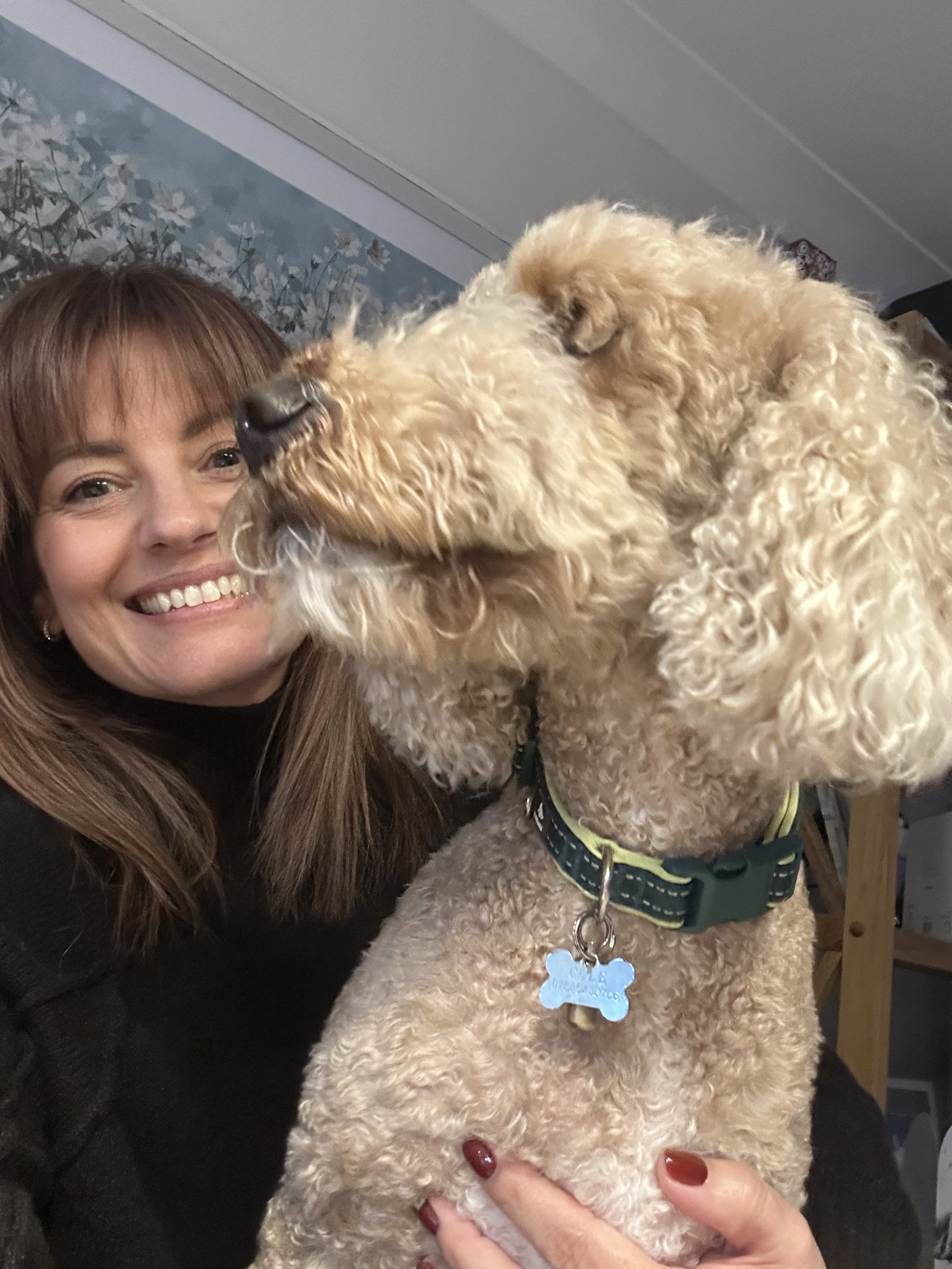 A smiling woman holding a curly-haired dog close to her face, with a blue floral wallpaper in the background.