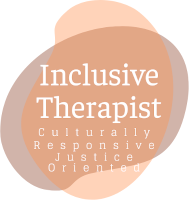 Design with overlapping circles in peach and dark brown, featuring the text 'Inclusive Therapist,' 'Culturally Responsive,' 'Justice Oriented'.