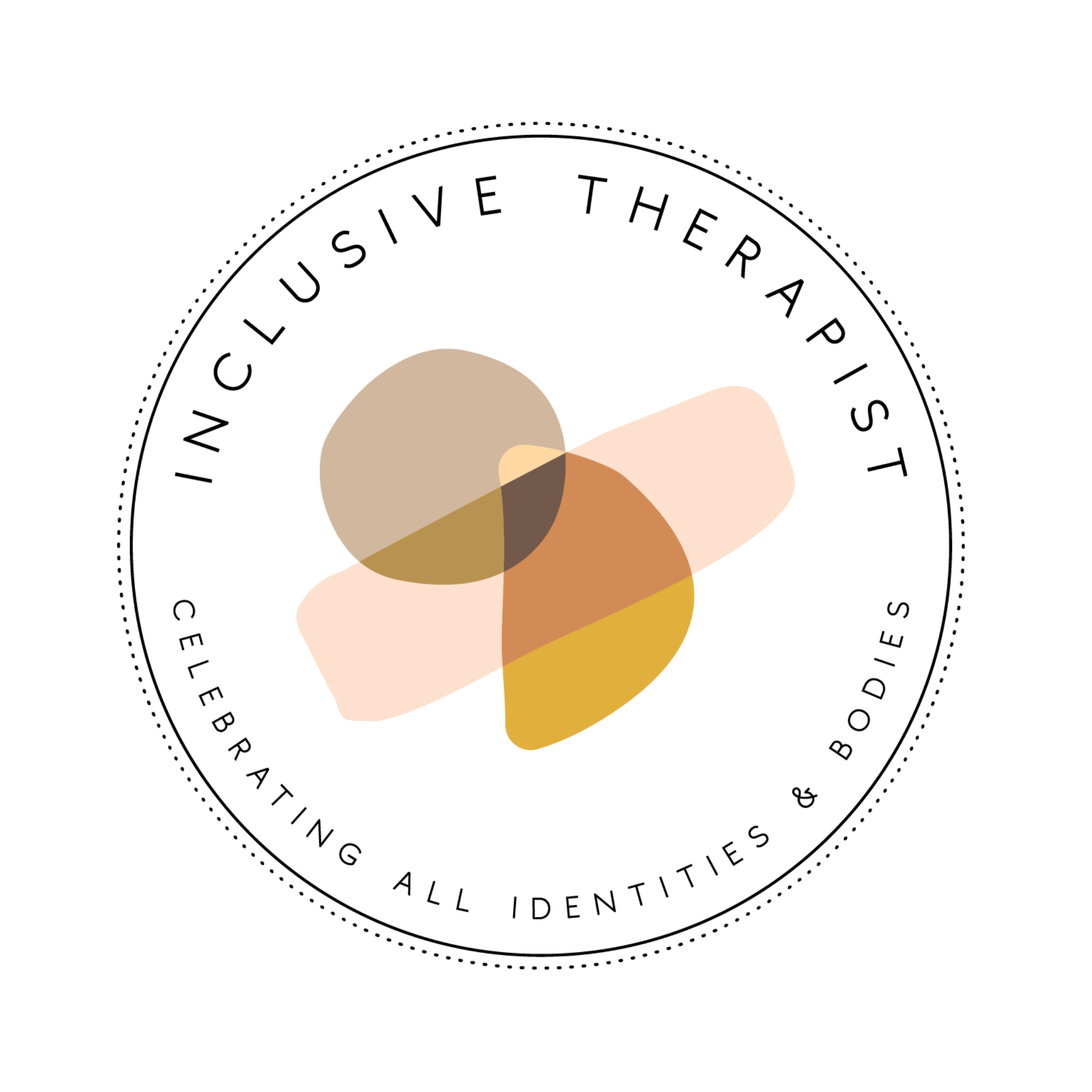 Illustration depicting an Inclusive Therapists badge that reads 'Celebrating All Identities and Bodies.'