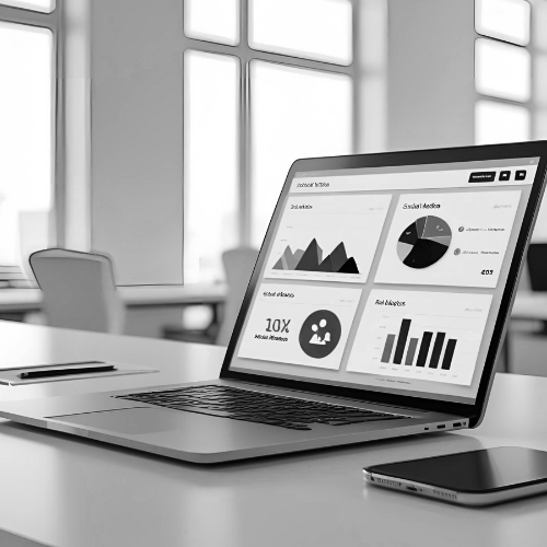 A laptop on a desk displaying business analytics charts and graphs in a modern office setting.