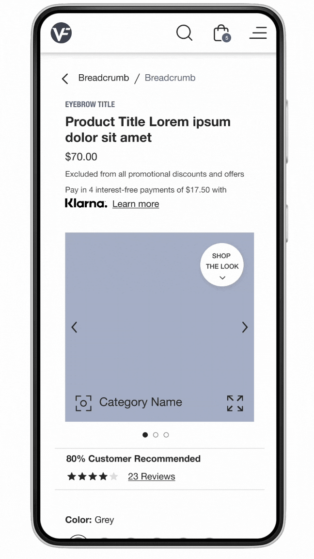 Mobile shopping app screen displaying a product page for an eyebrow product with price $70.00, payment options, and a blue promotional banner with arrows, a category label, and review ratings.