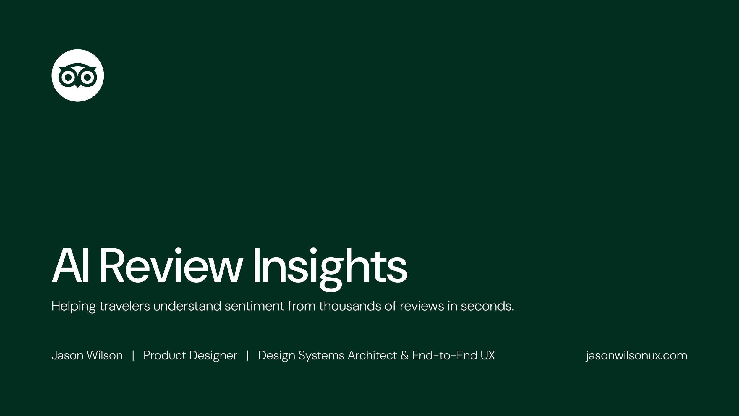 Slide titled 'AI Review Insights' with subheading about understanding sentiment from reviews, featuring a logo of an owl, and credits to Jason Wilson, a product designer, and design systems architect.