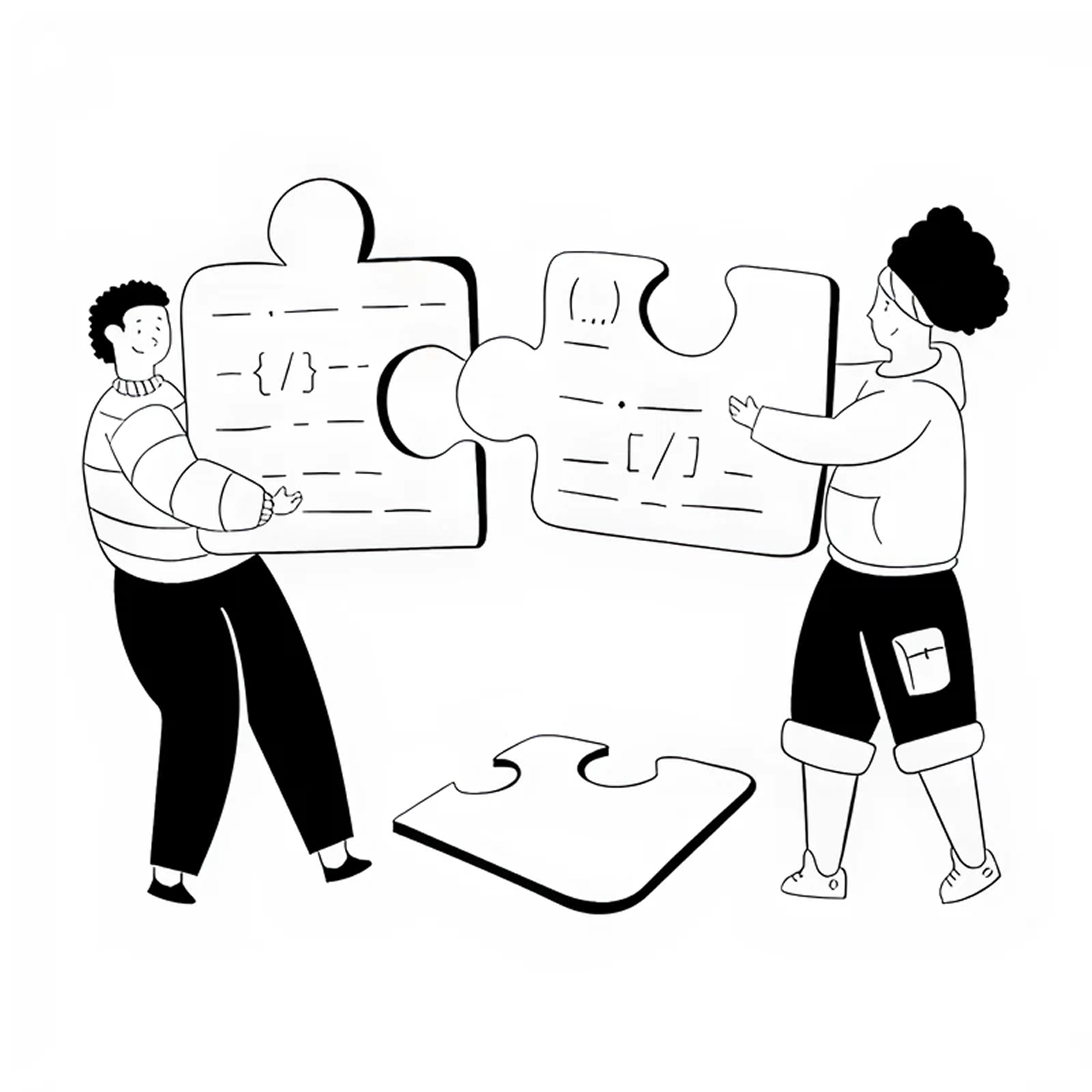 Two people holding giant puzzle pieces that fit together, with a single puzzle piece on the floor