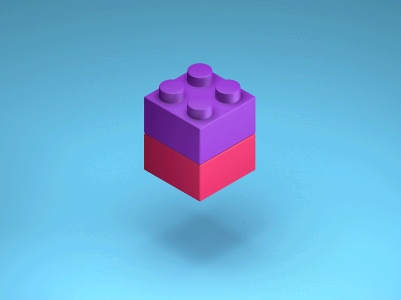 A 3D animated depiction of a two-layer LEGO brick, with a red bottom layer and a purple top layer with four studs, floating in mid-air against a gradient blue background.