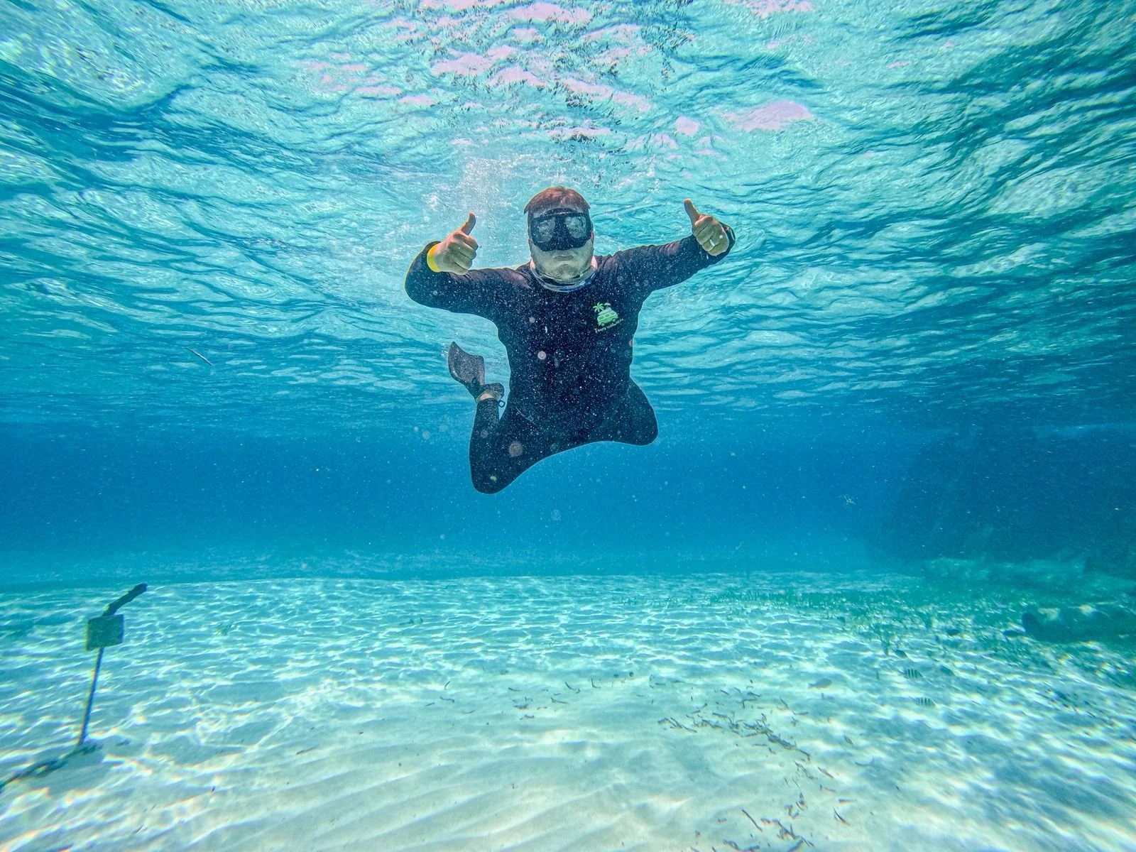 Person in wetsuit and mask swimming underwater in a clear ocean with a sandy seabed.