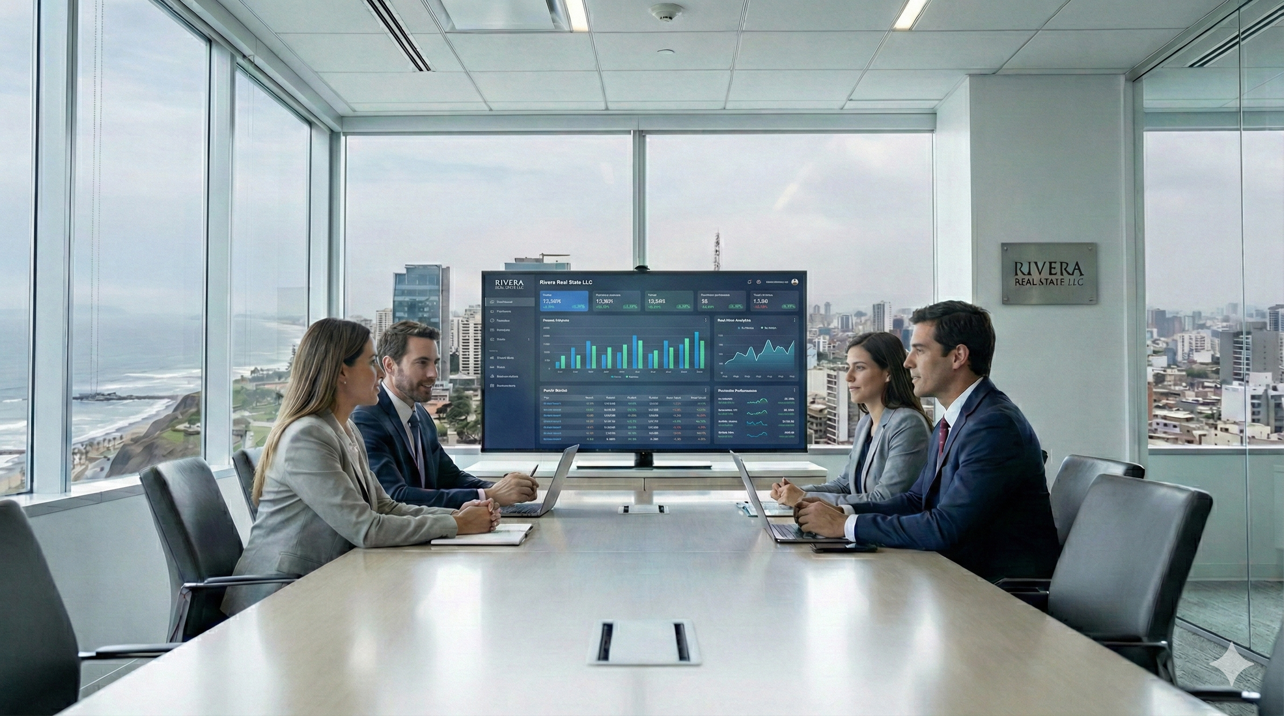 Business meeting in a modern conference room with four people sitting at a large table, working on laptops. A large screen displays financial charts and data. Tall windows show a cityscape view.