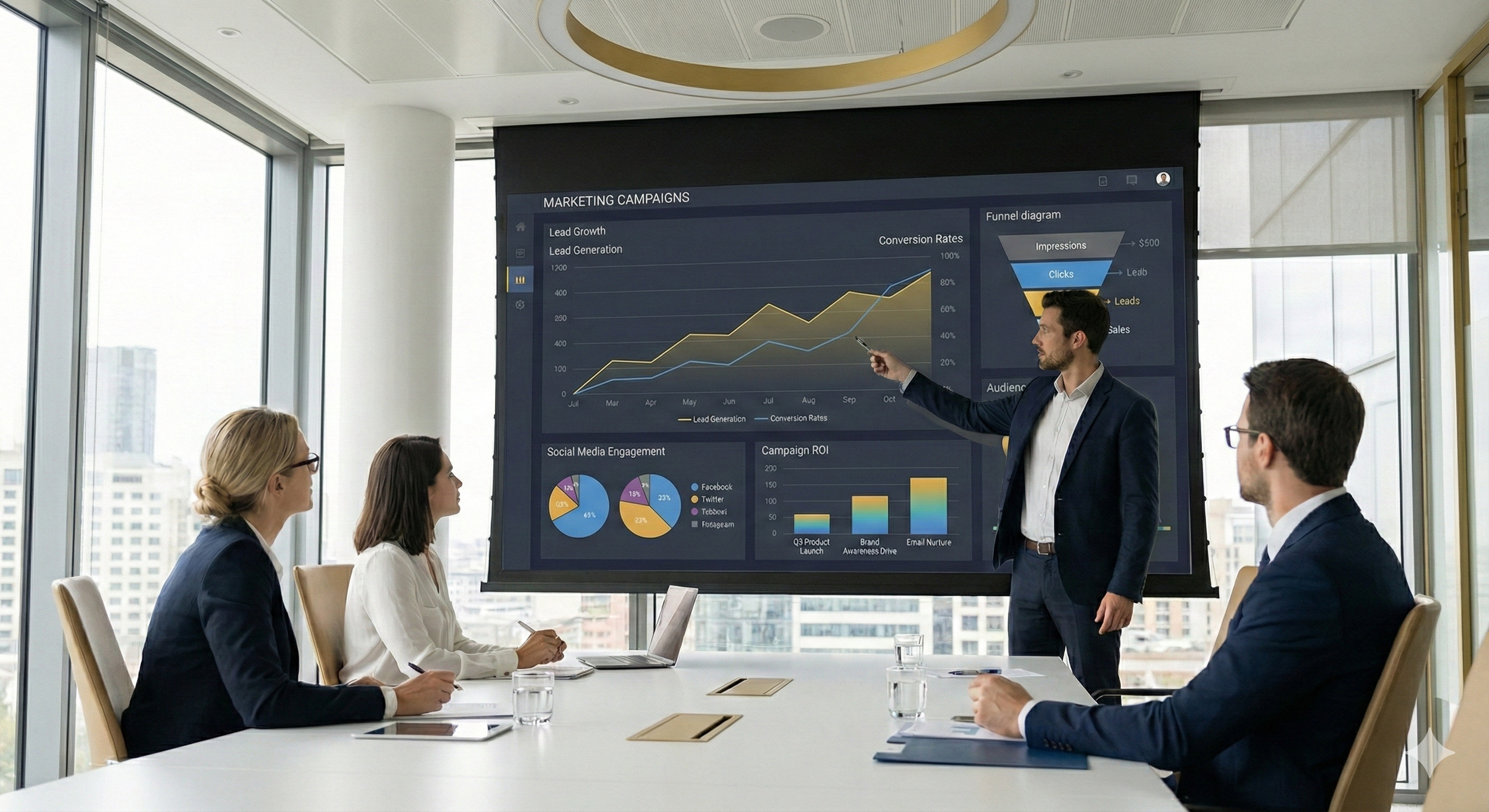 A business professional presenting marketing data and charts on a large screen in a conference room with four seated colleagues listening attentively.
