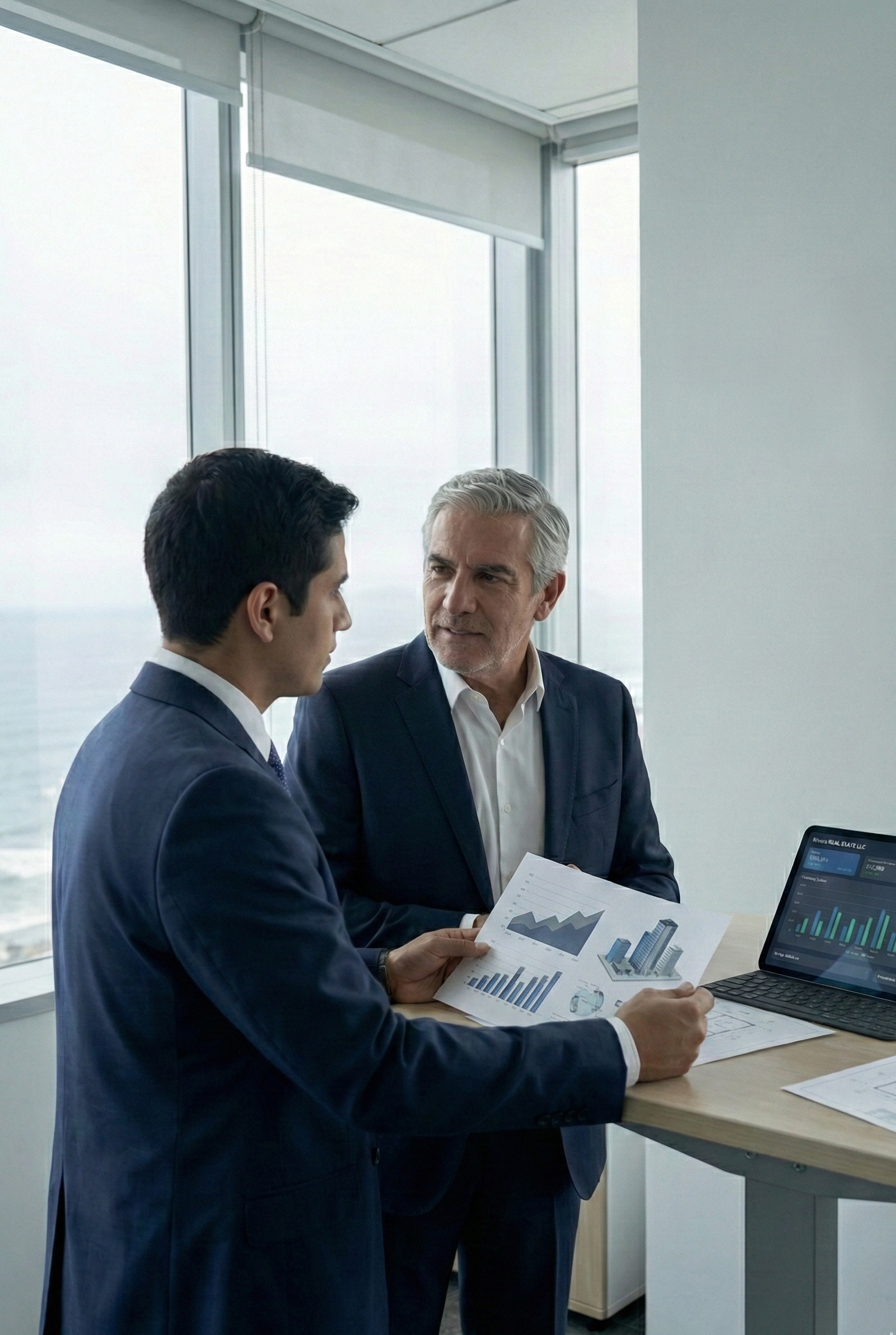 Two business professionals having a discussion in an office. One is holding a report with graphs and charts, and there is a tablet on the desk displaying financial data.