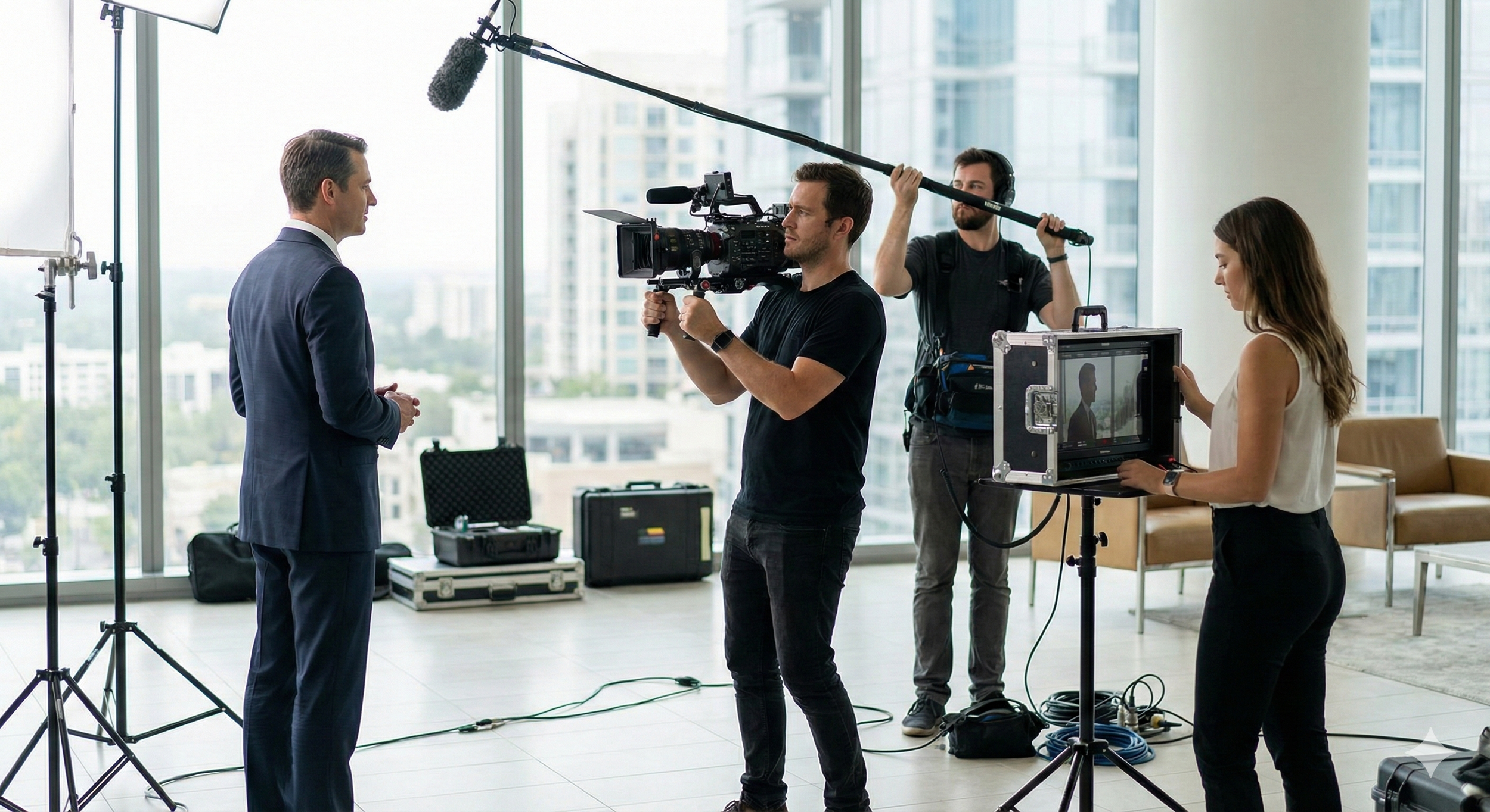 A film crew filming an interview with a man in a suit in a high-rise building with large windows and city view.