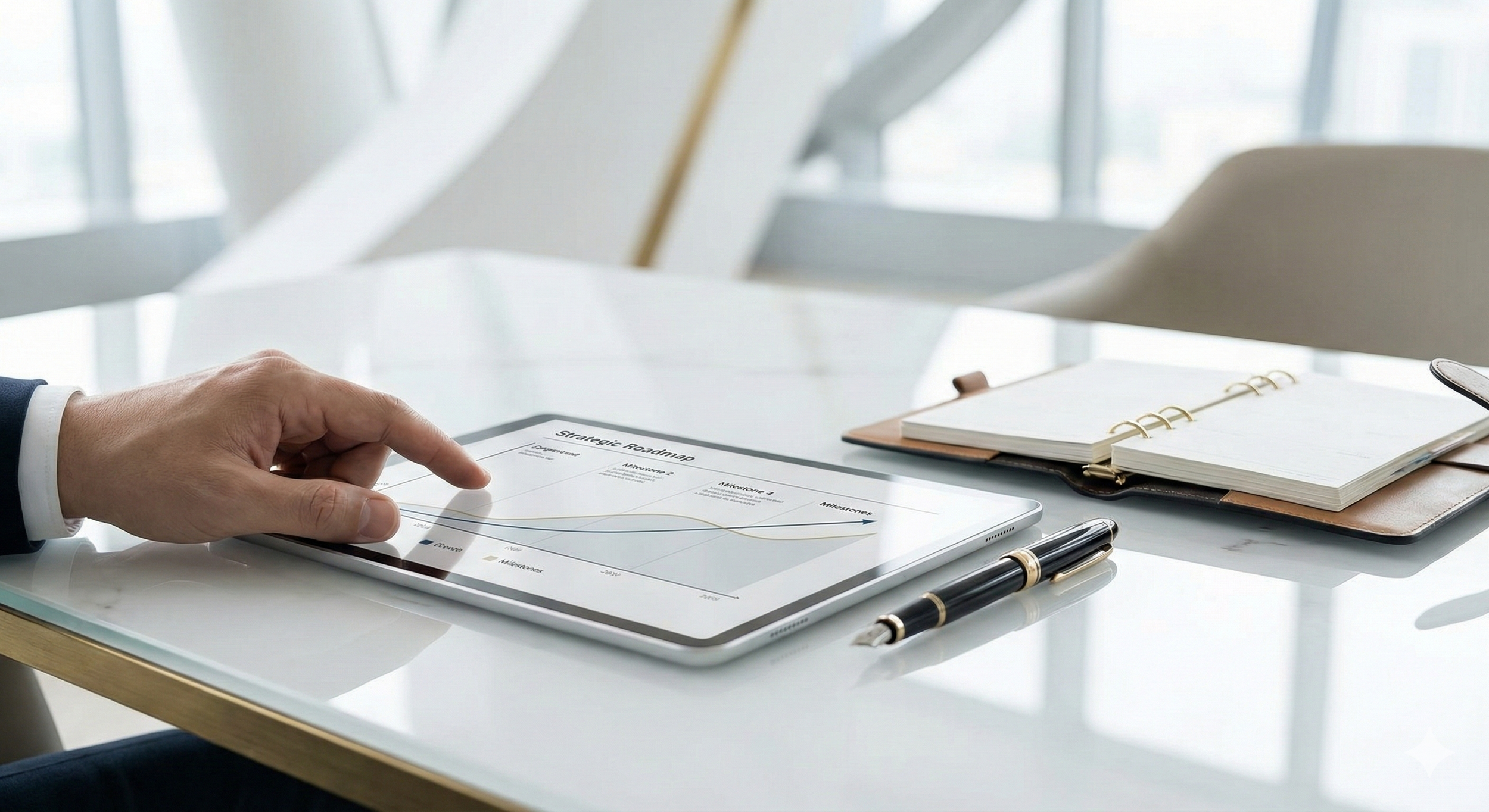 A person in a business suit points to a strategic roadmap chart on a tablet, with a pen, notebook, and planner on a white desk in a bright office.
