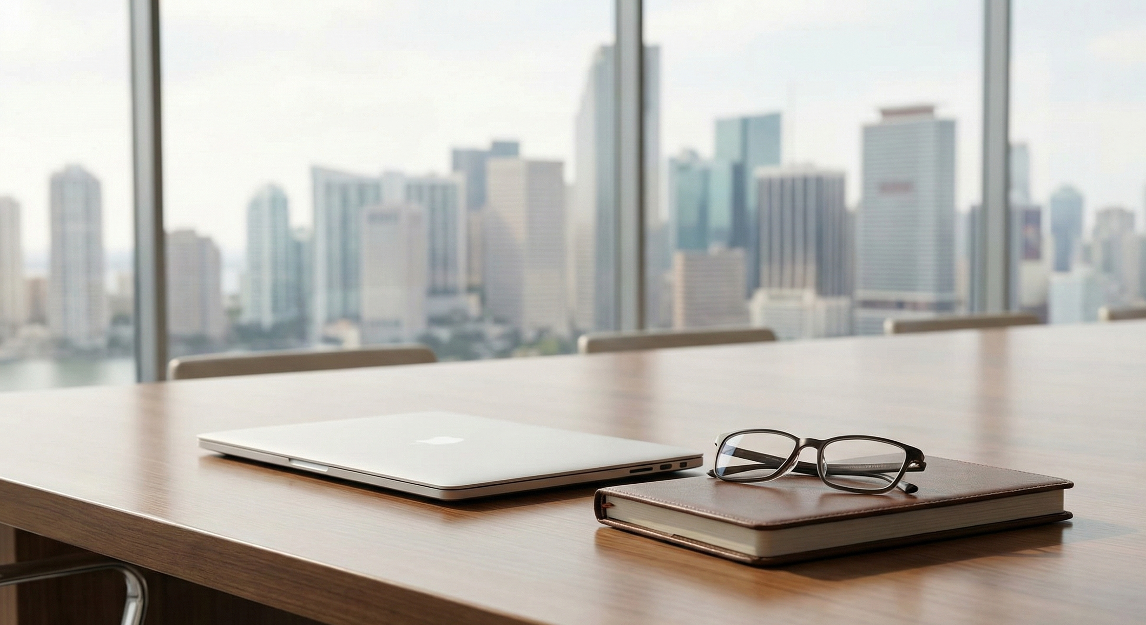 A closed silver laptop, a brown leather notebook, and a pair of glasses on top of the notebook are on a wooden conference table in front of large windows showing a city skyline.