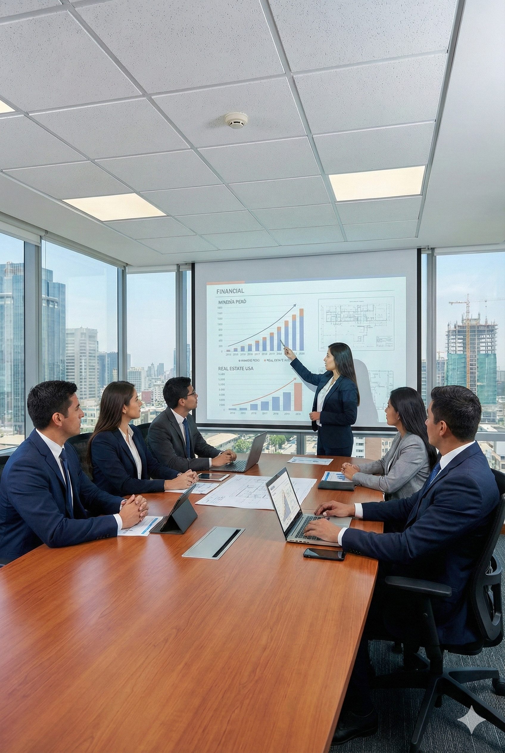 Business meeting in a modern office with six people in suits, listening to a woman presenting financial charts displayed on a large screen.