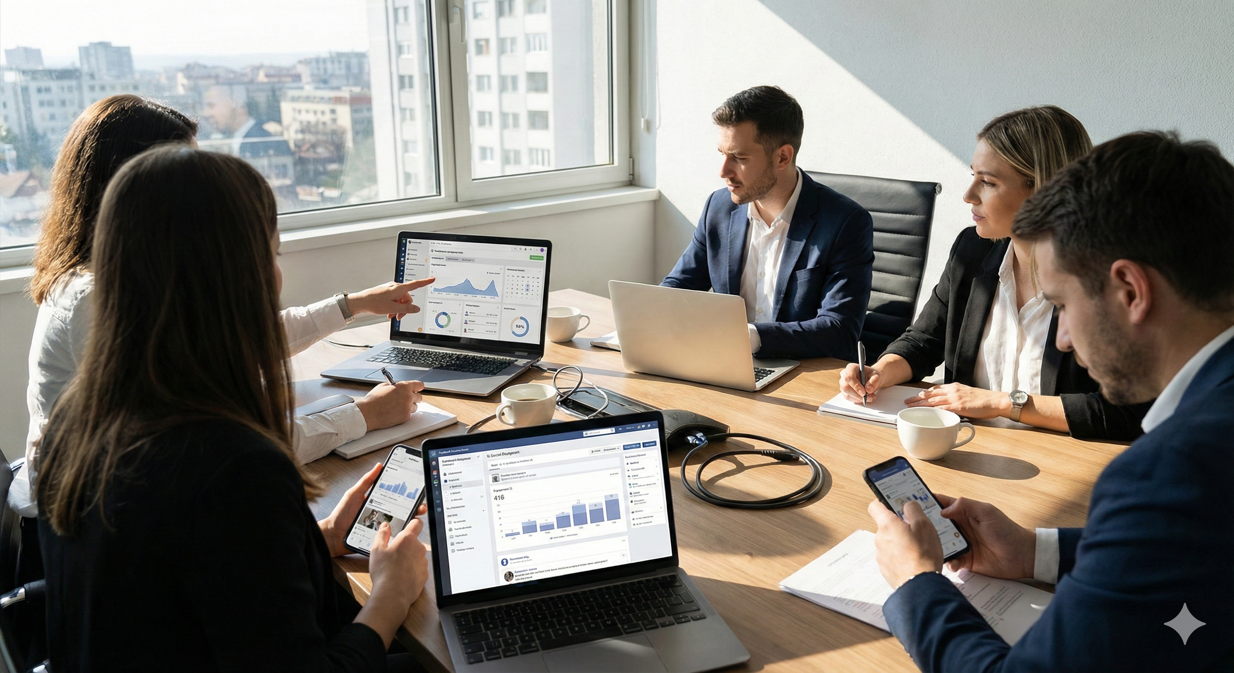 Business meeting with five professionals around a table, using laptops and smartphones, with graphs and data on screens.
