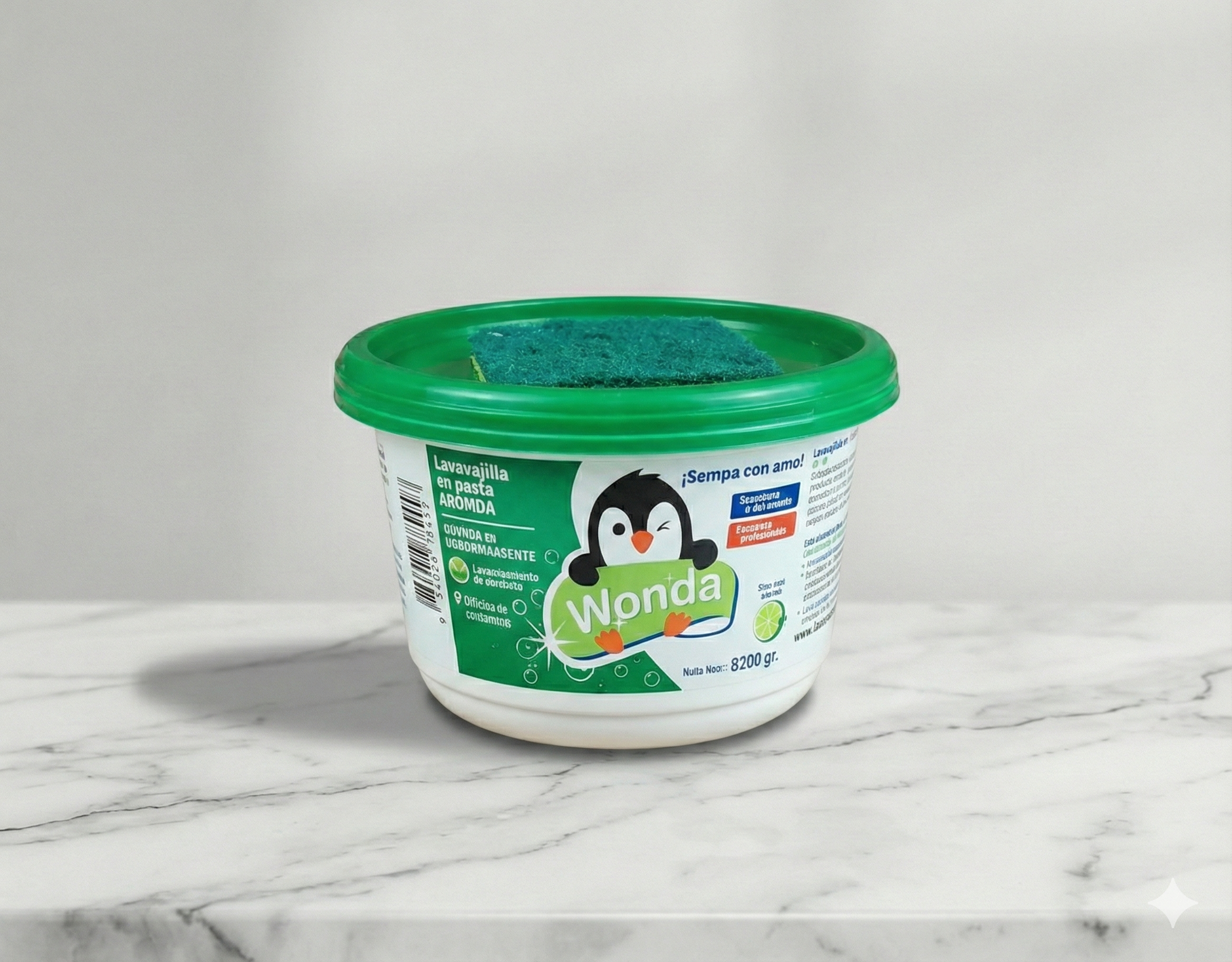 A white plastic container of Wonder dishwashing soap with a green lid, placed on a marble surface, with a blue and yellow sponge inside the open lid.