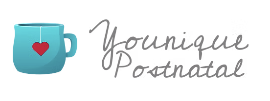 A blue mug with a red heart hanging from a string. To the right, text reads "Younique Postnatal" in gray cursive and print fonts.