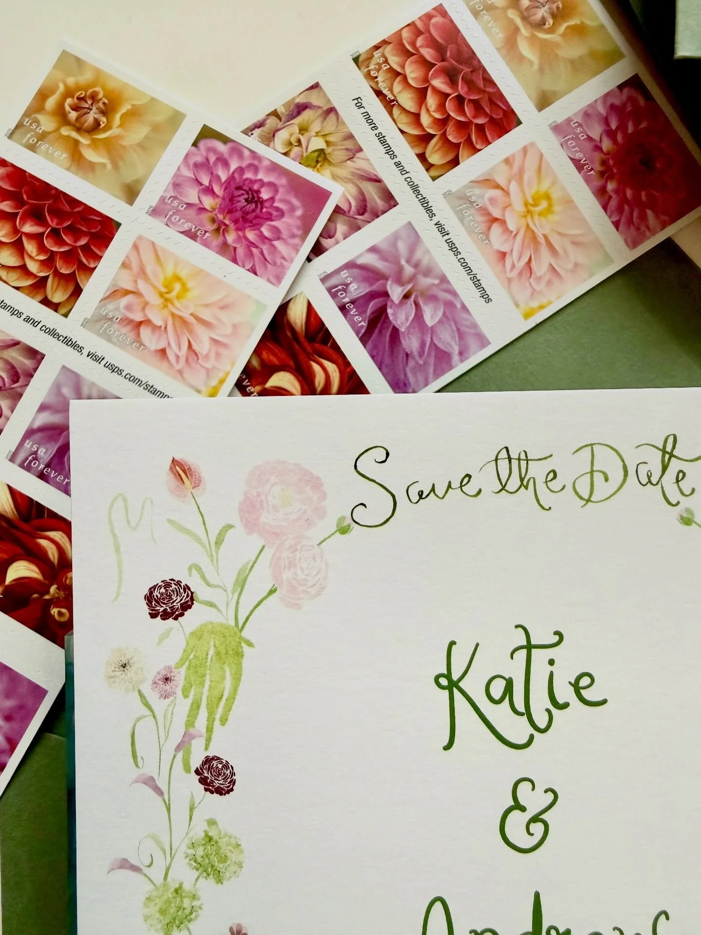 Floral postage and green envelopes for a fall wedding in New Jersey🤍 
Dahlia stamps to match the hand-painted dahlias 💌

@alpinecountryclub1928 #weddinginvitations #watercolorwedding #gardenwedding