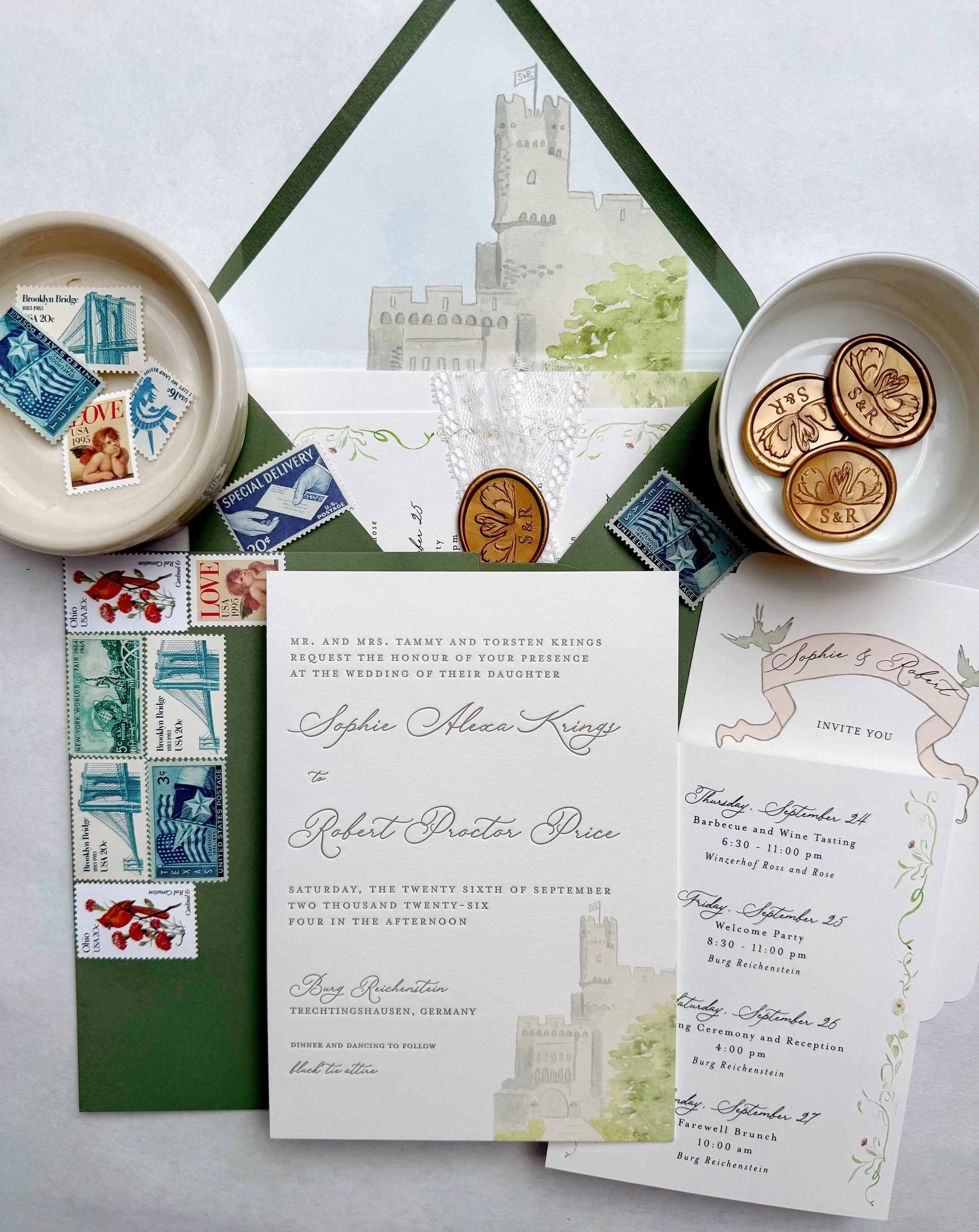 A German castle wedding deserves nothing less 🤍🏰 bespoke watercolor invitation suite for the most magical couple 
@fine_weddings @burgreichenstein @weddingburgreichenstein @sophkrings #destinationwedding #weddingstationery #watercolorwedding #luxur