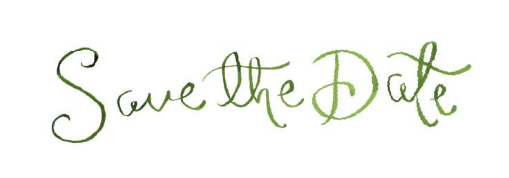 Watercolor lettering saying 'Save the Date' on a black background.