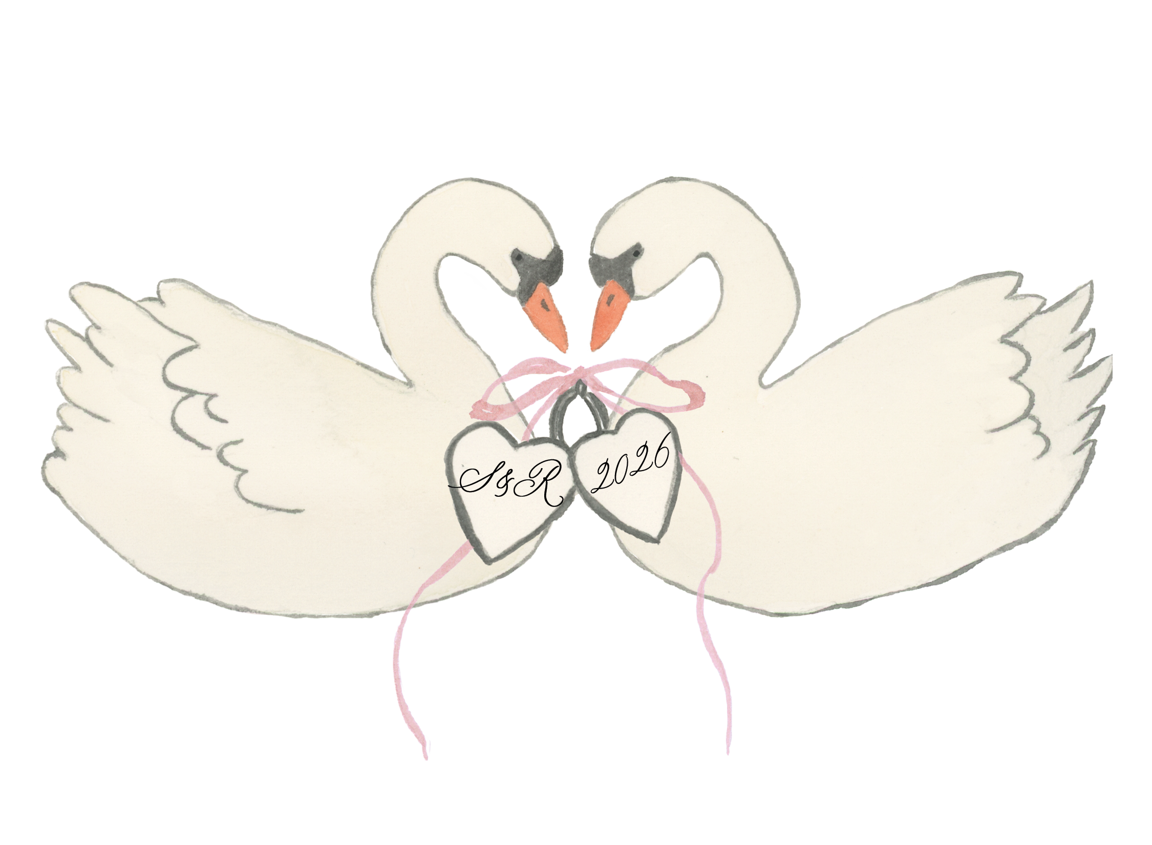 Hand-painted destination wedding illustration of romantic swans with a ribbon and locket