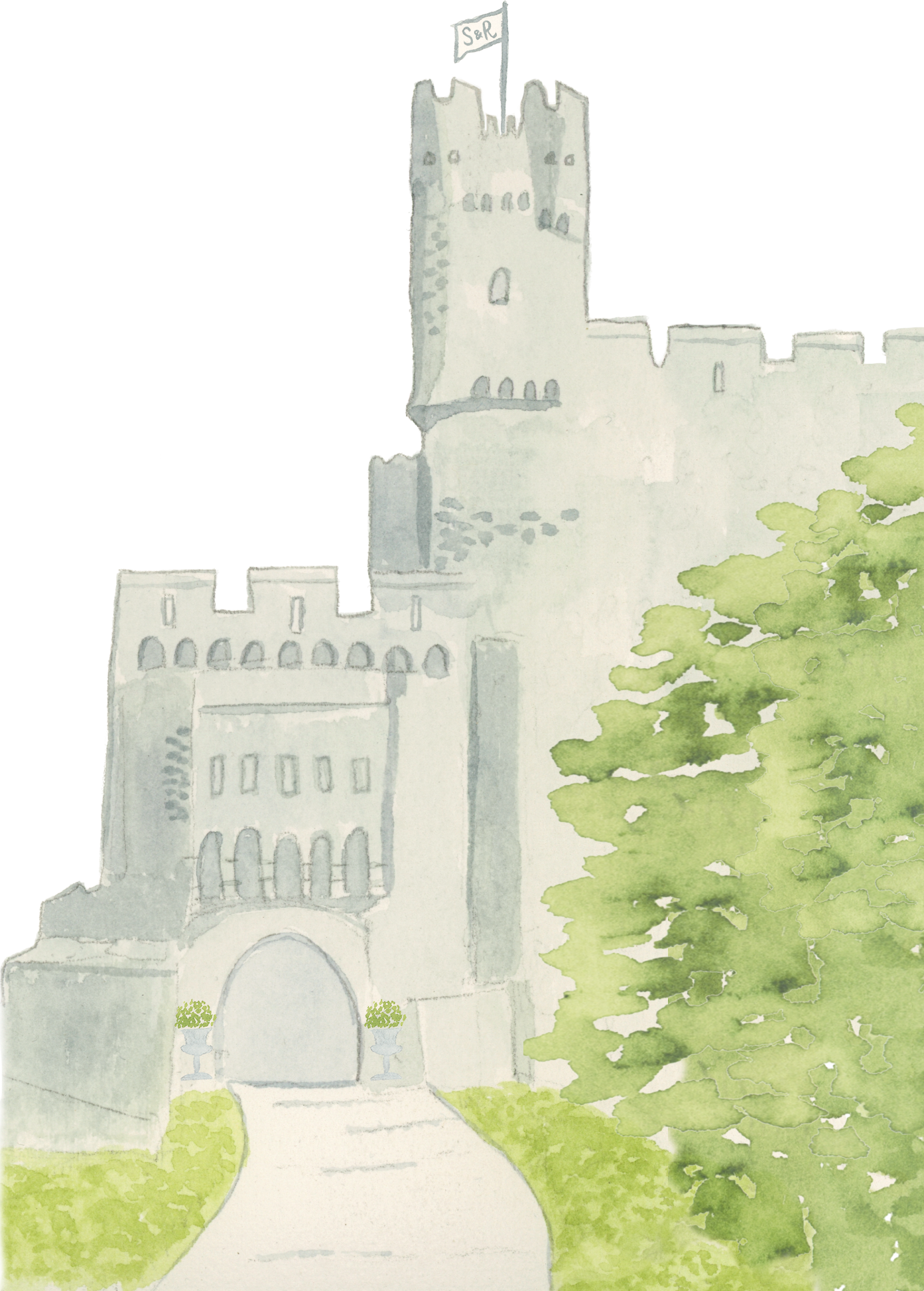 Hand painted watercolor illustration of Burg Reichenstein castle in Germany surrounded by trees and soft green landscape details